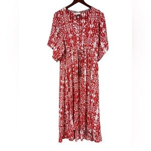 Knox Rose Red and White Print V Neck Button Up Maxi Dress With Tassels Size M